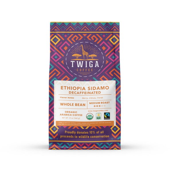 Twiga Coffee Decaf Ethiopia Sidamo Coffee, 12 oz whole bean bag